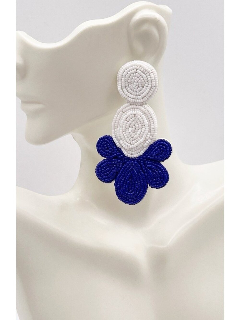 J.Crew Fan Flower Navy Blue & White Beaded Boho Dangle Earrings Leather Back